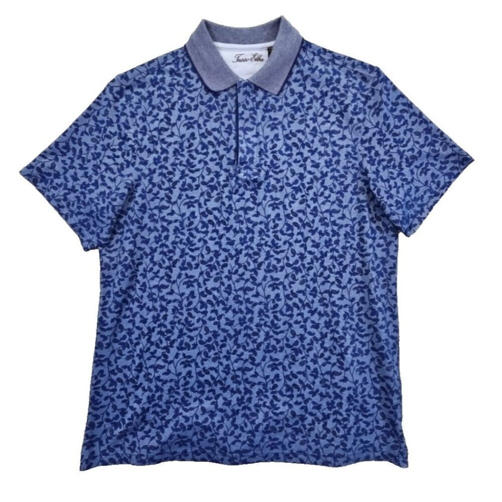Tasso Elba Polo Shirt Men's Medium Navy‎ Blue Floral Short Sleeve Hidden Buttons